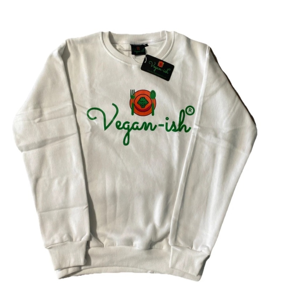 Vegan-ish Unisex Long Sleeve White Sweatshirt Small